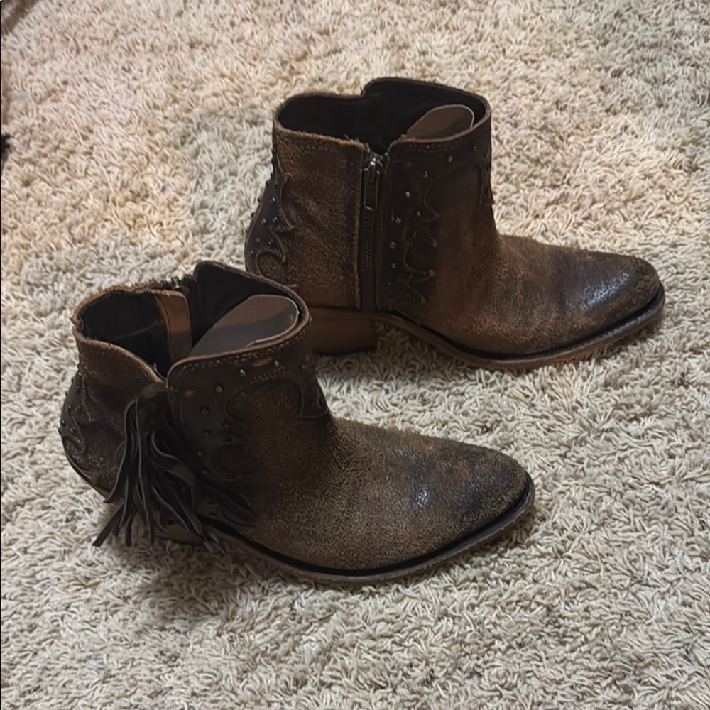 Liberty Black Rustic Brown distressed leather Ankle Booties with Fringe